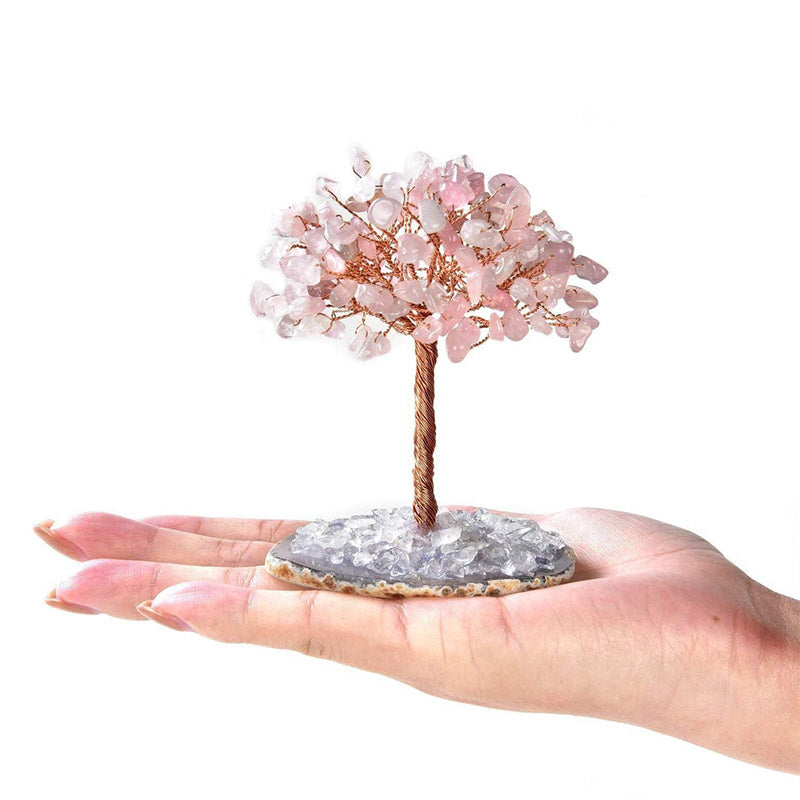 Giftoluck Rose Quartz Natural Gemstone Feng Shui Tree with Agate Base