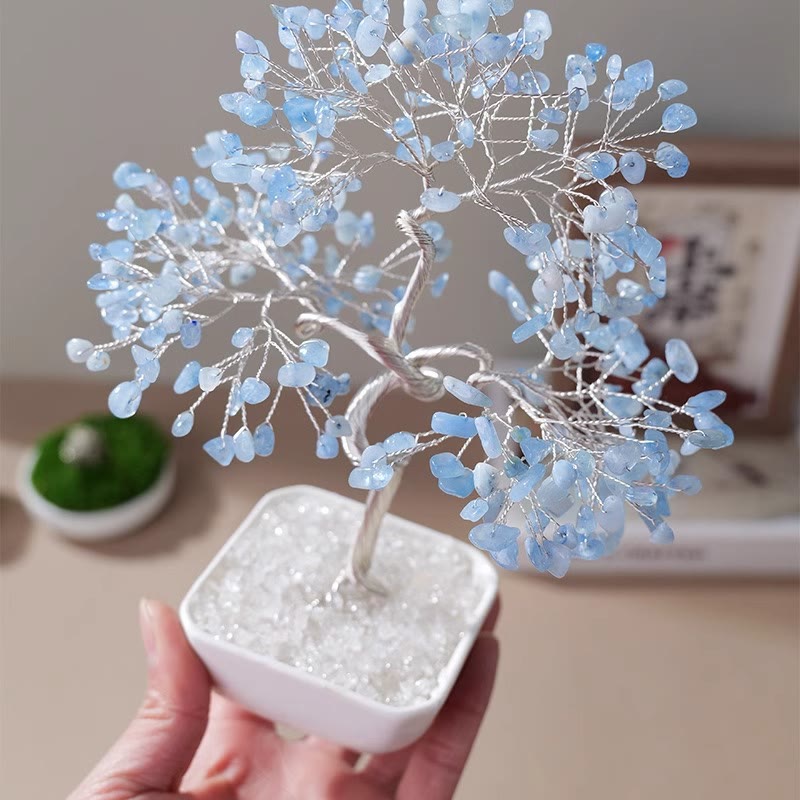 GiftoLuck Natural Aquamarine Ceramic Base Feng Shui Tree