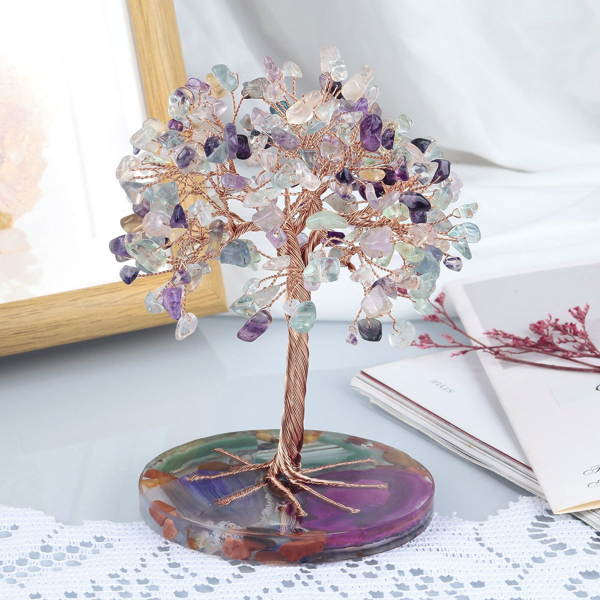 Giftoluck Round Agate Piece Base Healing Crystal Feng Shui Tree