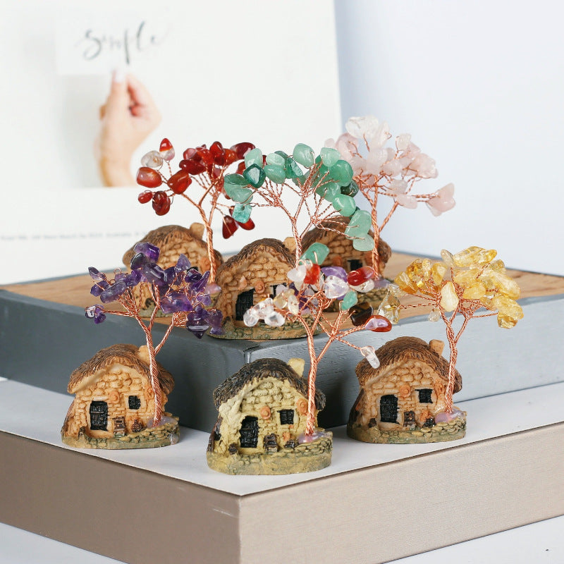 Giftoluck Mini Antique House Crystal Gravel Ornaments Feng Shui Tree