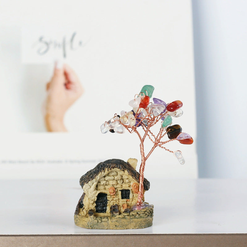 Giftoluck Mini Antique House Crystal Gravel Ornaments Feng Shui Tree