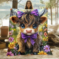 🐂【Highland Cow Series】Cute Bowknot Highland Cow Print Flannel Blanket Soft Warm Multi-purpose Gift Blanket For All Seasons