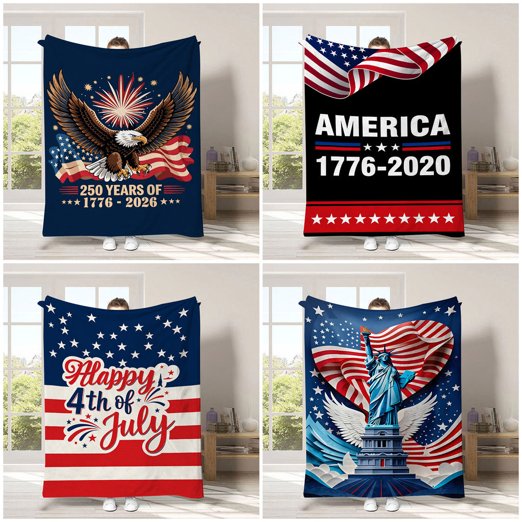 GiftoLuck 4th of July Independence Day 250th Anniversary Flannel Blanket (1776–2026) – Patriotic USA Throw with American Flag, Bald Eagle & Statue of Liberty