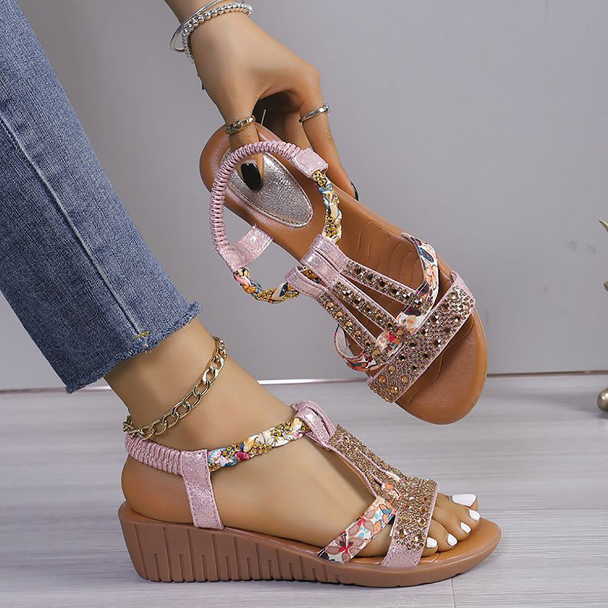 🔥Last Day 69% OFF🔥GiftoLuck Women Summer 2025 Bohemian Flat Shoes Rhinestone Peep-toe Sandals