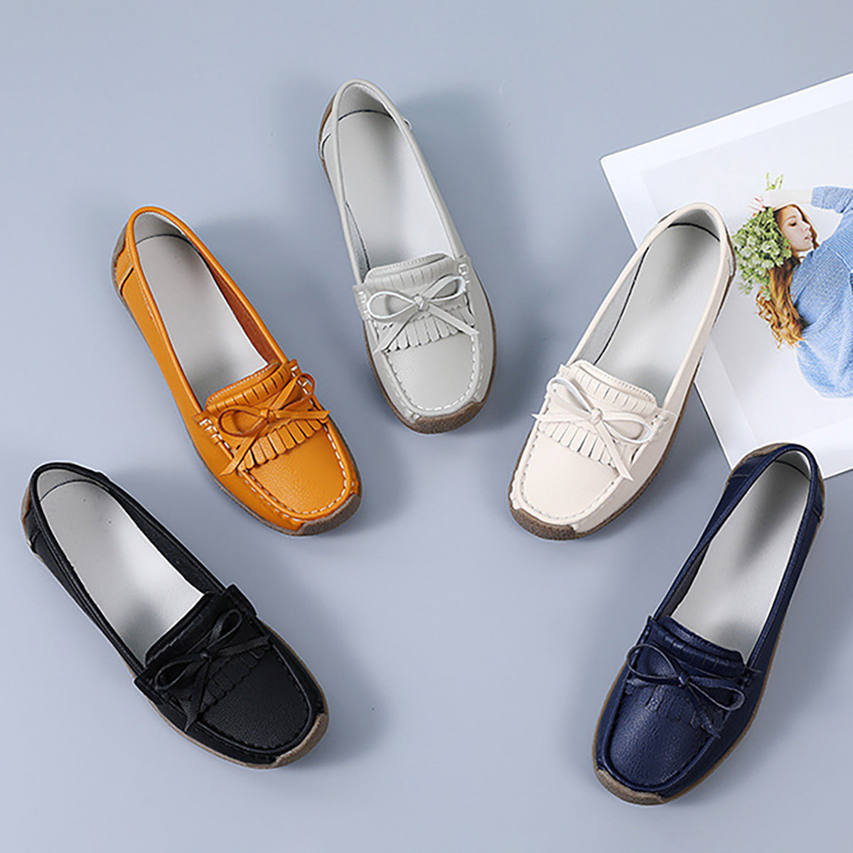 GifitoLuck Women’s Soft Leather Loafers with Tassel Bow, Lightweight Slip-On Flat Shoes, Cushioned Sole Casual Comfort Shoes, Thoughtful Gift for Mum or Grandma