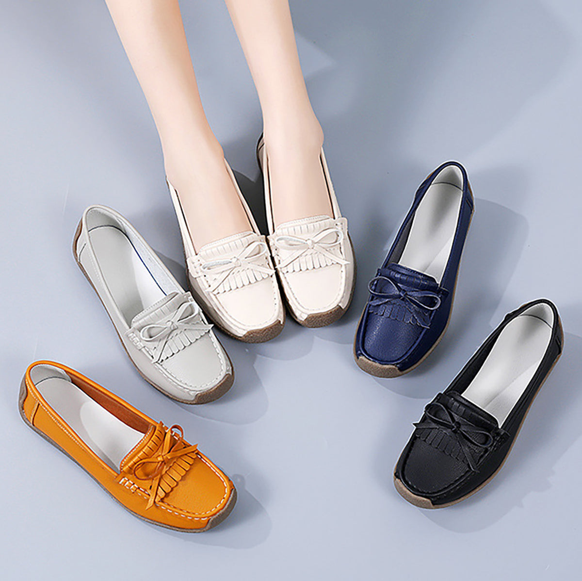 GifitoLuck Women’s Soft Leather Loafers with Tassel Bow, Lightweight Slip-On Flat Shoes, Cushioned Sole Casual Comfort Shoes, Thoughtful Gift for Mum or Grandma