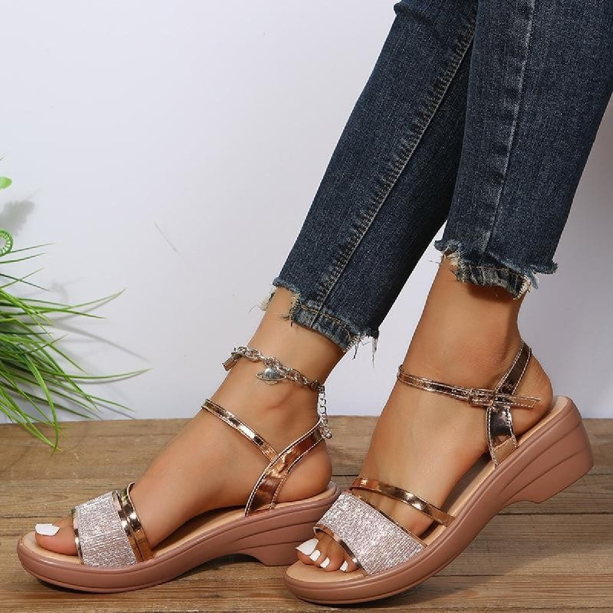 GiftoLuck Women Summer 2025 Shoes Rhinestone Peep-toe Sandals
