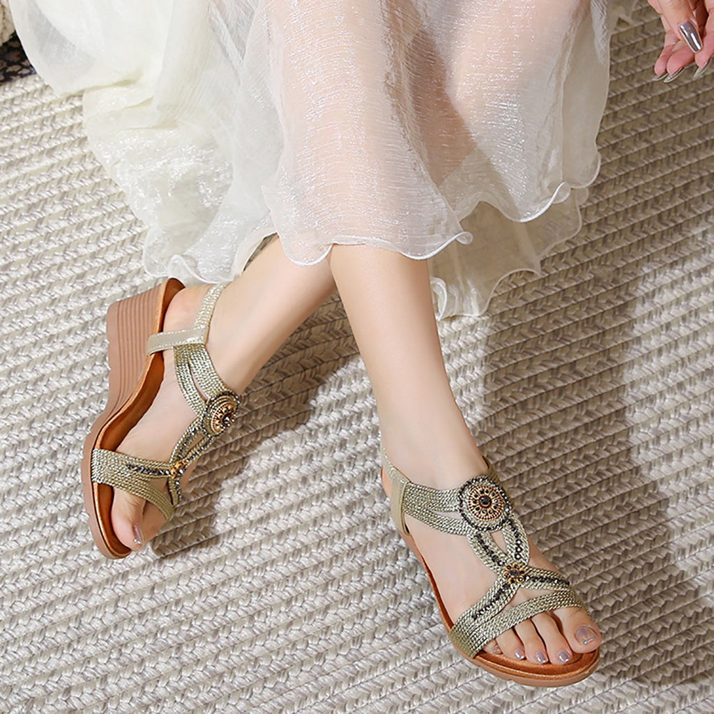 🔥Last Day 69% OFF🔥GiftoLuck Women Summer 2025 Bohemian T-strap Rhinestone Wedge Sandals