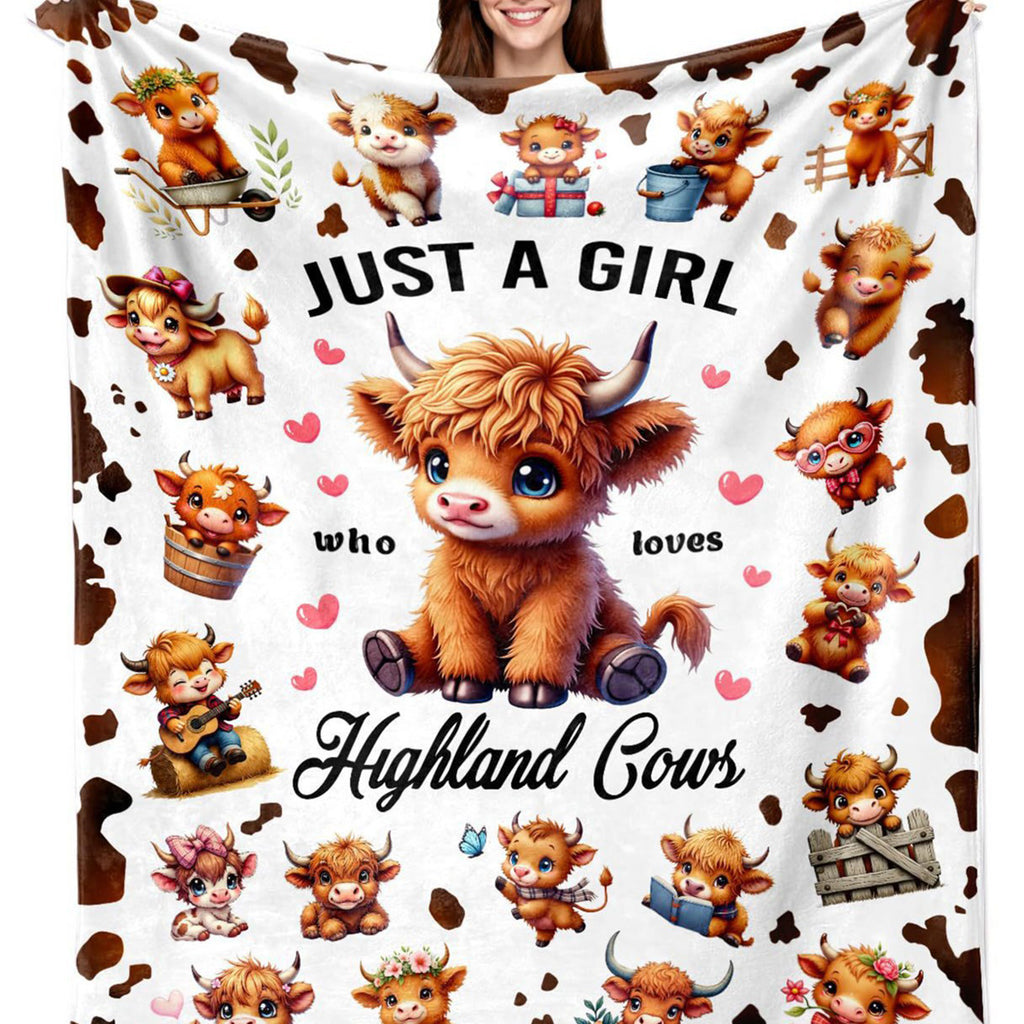 Just A  Girl Who Loves Highland Cow Print Flannel Blanket Soft Warm Multi-purpose Gift Throw Blanket For Sofa, Living Room,Bedroom All Seasons