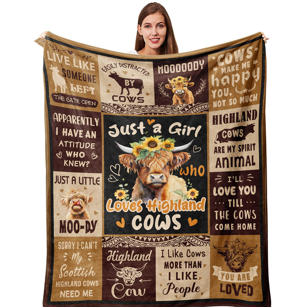 Just A  Girl Who Loves Highland Cow Print Flannel Blanket Soft Warm Multi-purpose Gift Throw Blanket For Sofa, Living Room,Bedroom All Seasons