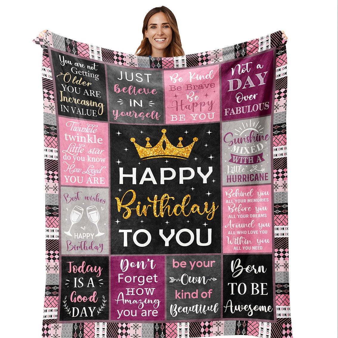 Aonana "Happy Birthday" Crown Gift Flannel Throw Blanket
