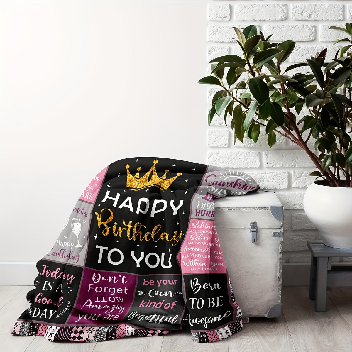 Aonana "Happy Birthday" Crown Gift Flannel Throw Blanket