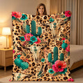 Aonana Western Boho Cow Skull Cactus Flannel Throw Blanket