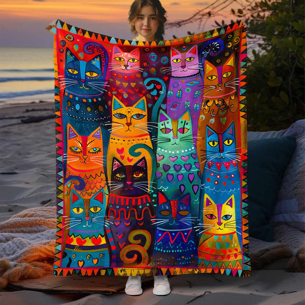 Aonana Vintage Colorful Cat Print Flannel Blanket