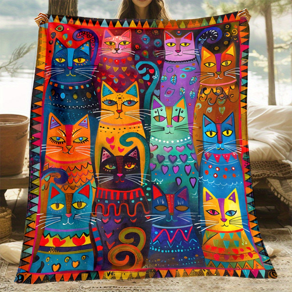 Aonana Vintage Colorful Cat Print Flannel Blanket