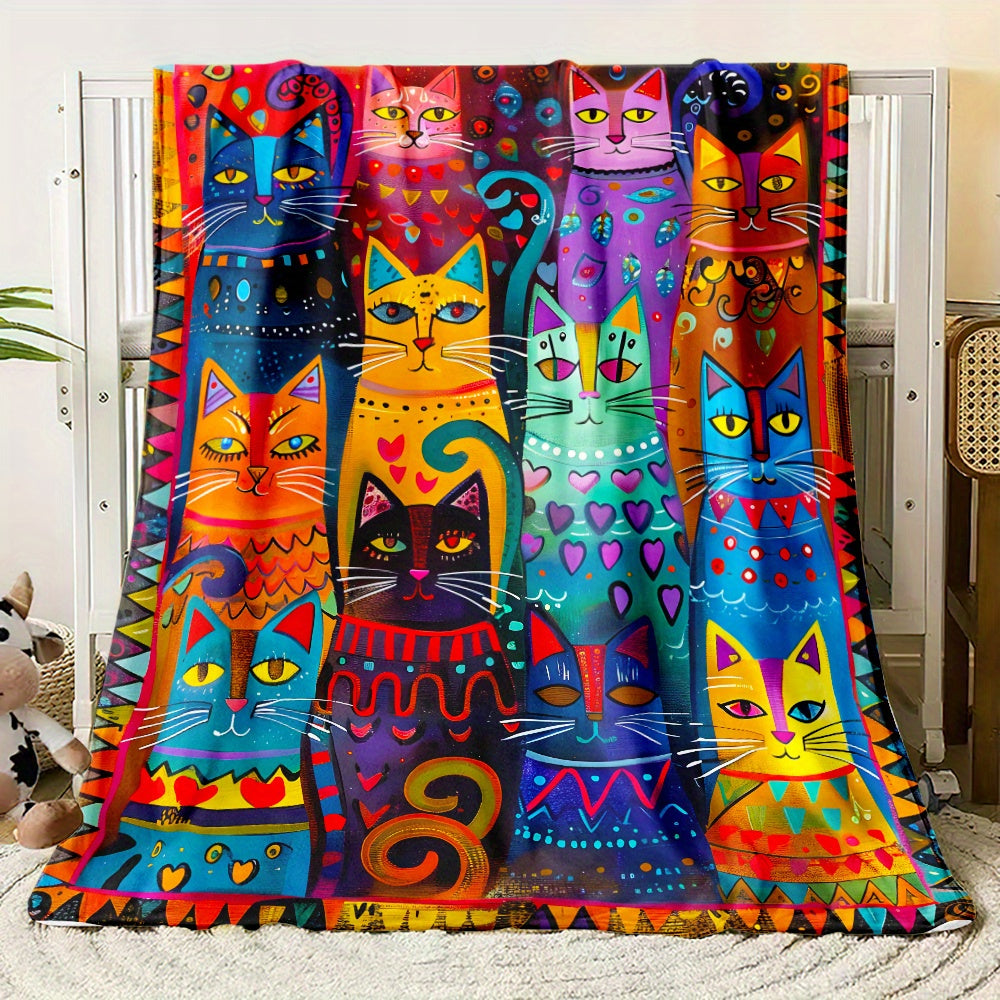 Aonana Vintage Colorful Cat Print Flannel Blanket