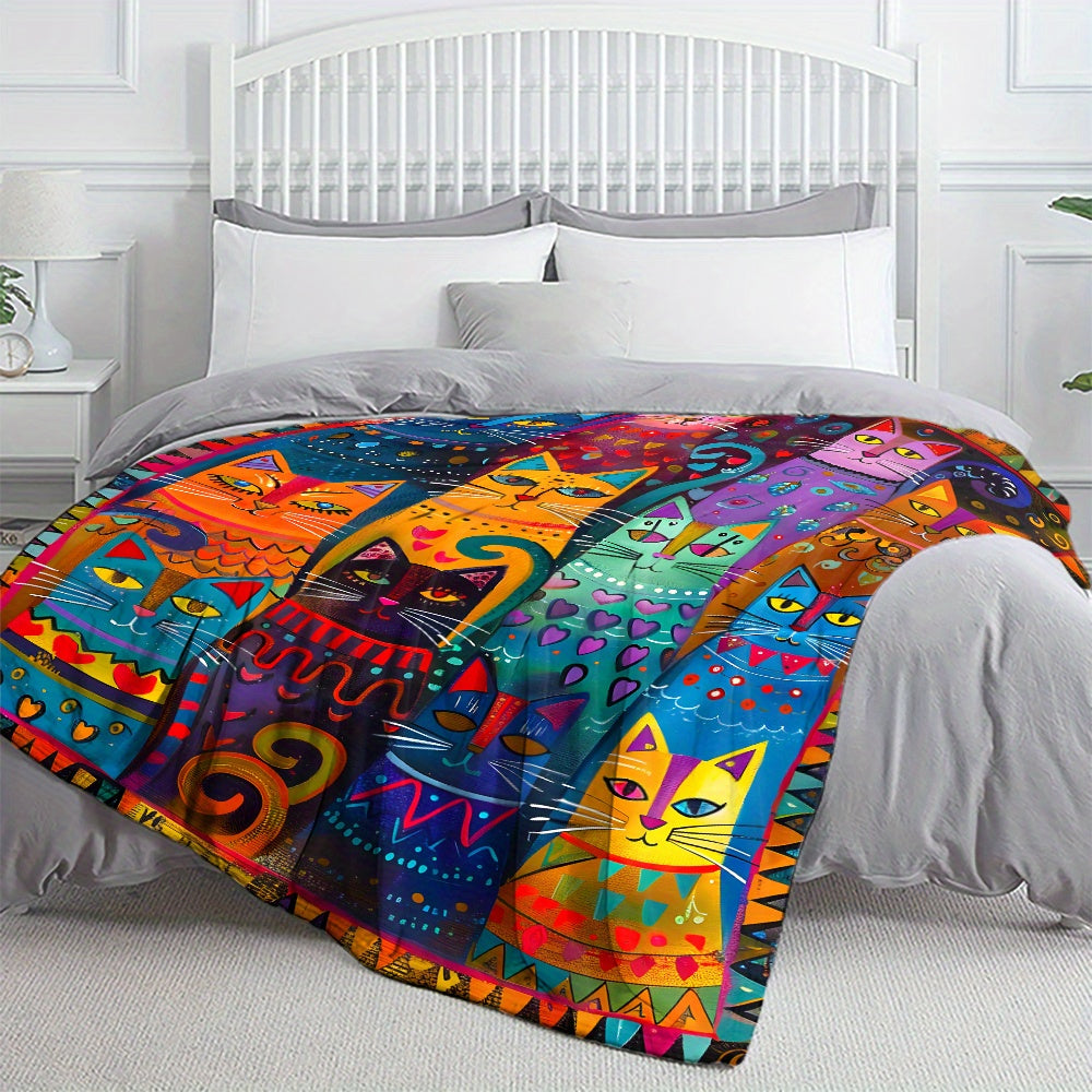 Aonana Vintage Colorful Cat Print Flannel Blanket