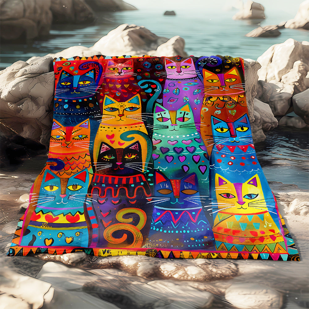 Aonana Vintage Colorful Cat Print Flannel Blanket