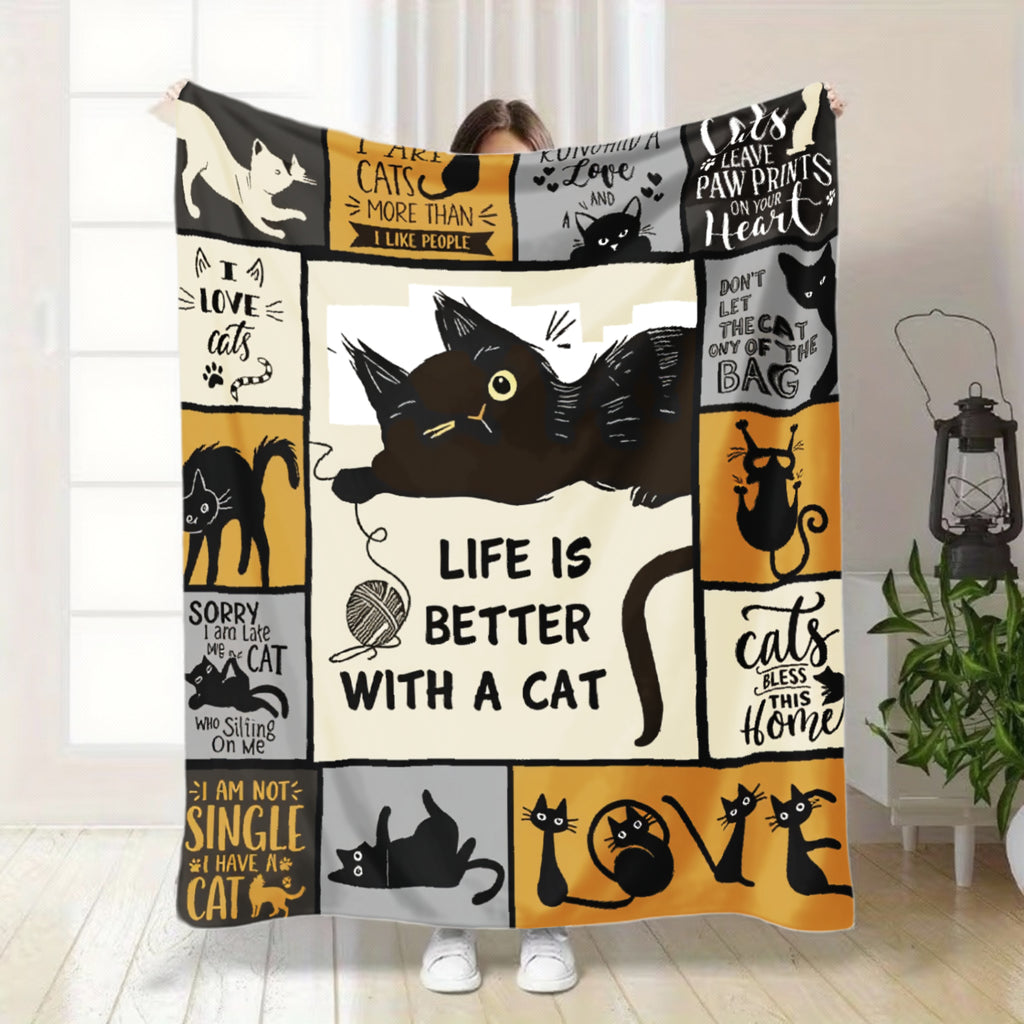 Aonana “Life Is Better With a Cat” Cozy Flannel Blanket