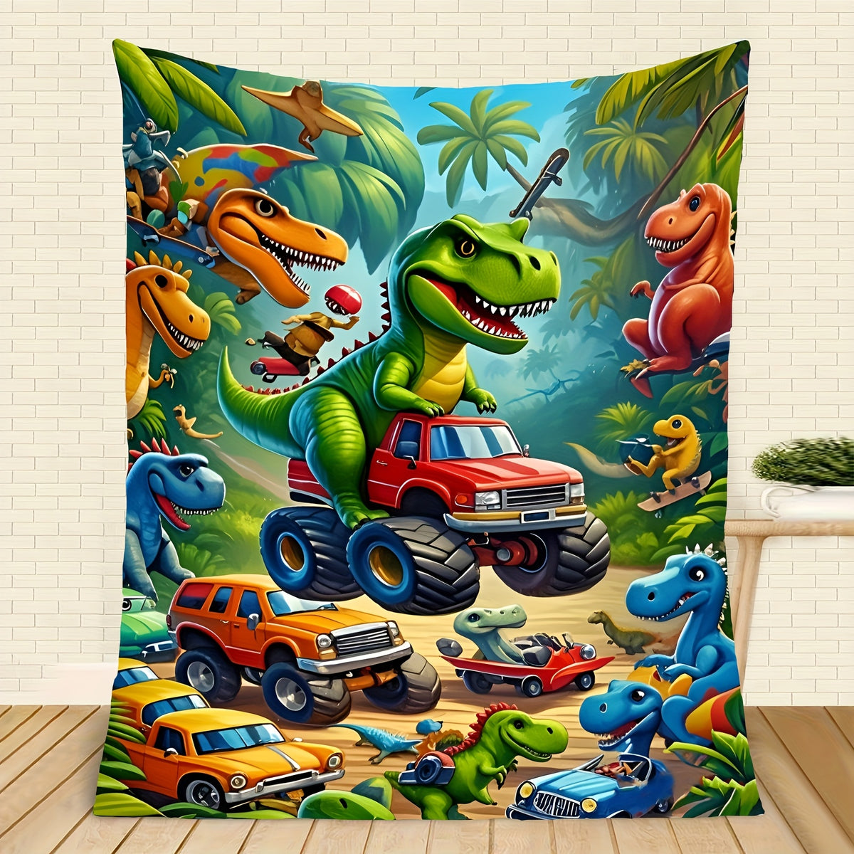 Aonana Dinosaur & Monster Truck Cozy Flannel Throw Blanket