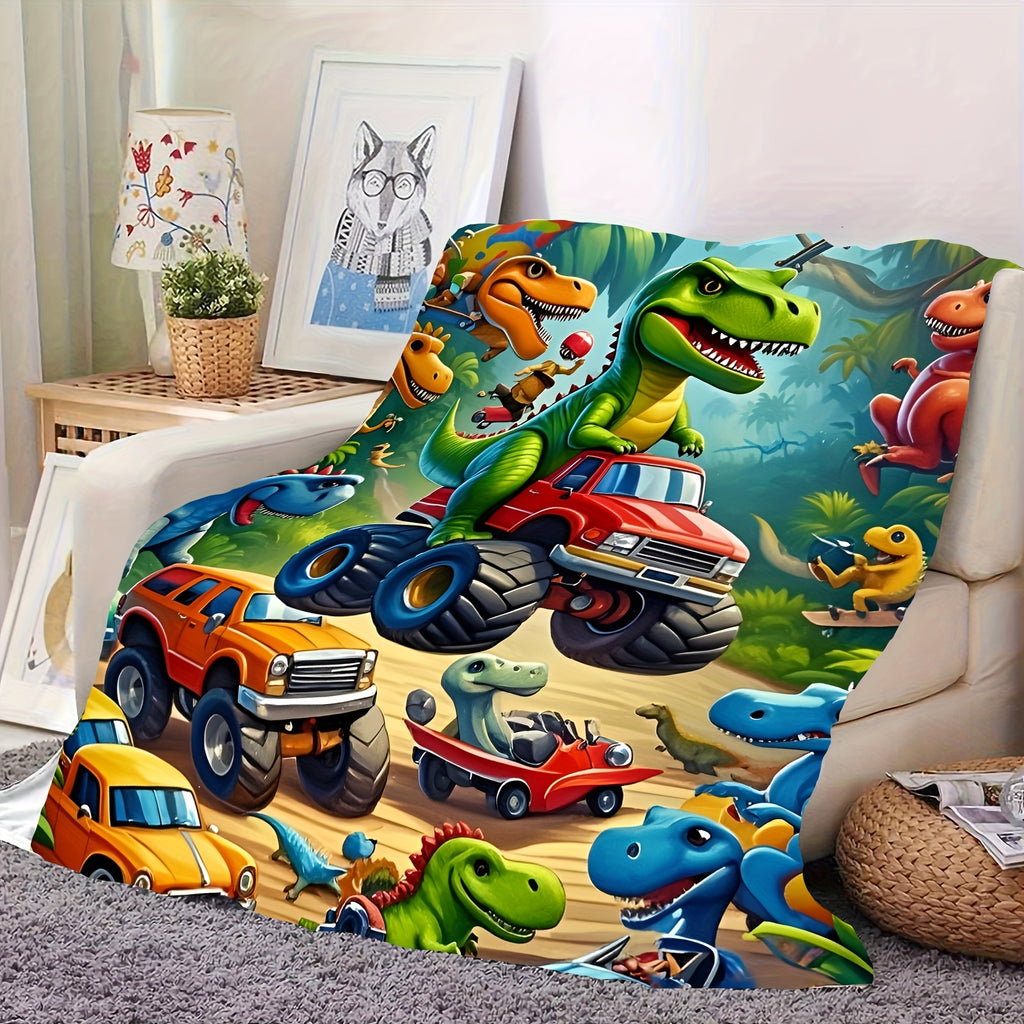 Aonana Dinosaur & Monster Truck Cozy Flannel Throw Blanket
