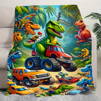 Aonana Dinosaur & Monster Truck Cozy Flannel Throw Blanket