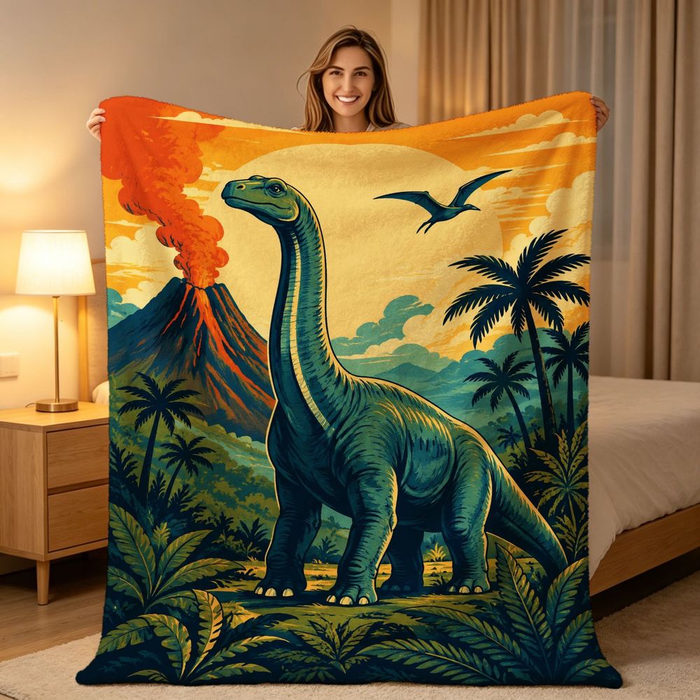 Aonana Dinosaur & Volcano Cozy Flannel Throw Blanket
