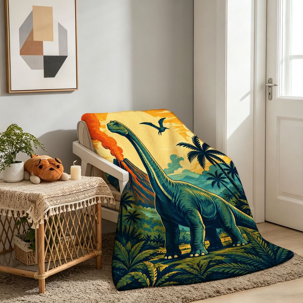 Aonana Dinosaur & Volcano Cozy Flannel Throw Blanket