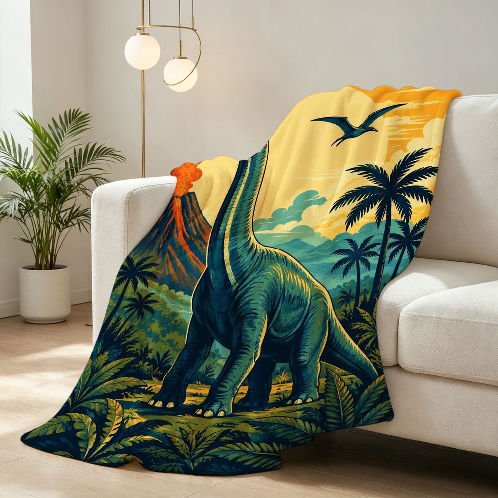 Aonana Dinosaur & Volcano Cozy Flannel Throw Blanket