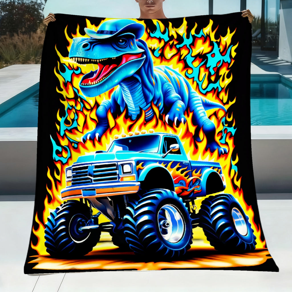 Aonana Blue Dinosaur Monster Truck Flannel Throw Blanket