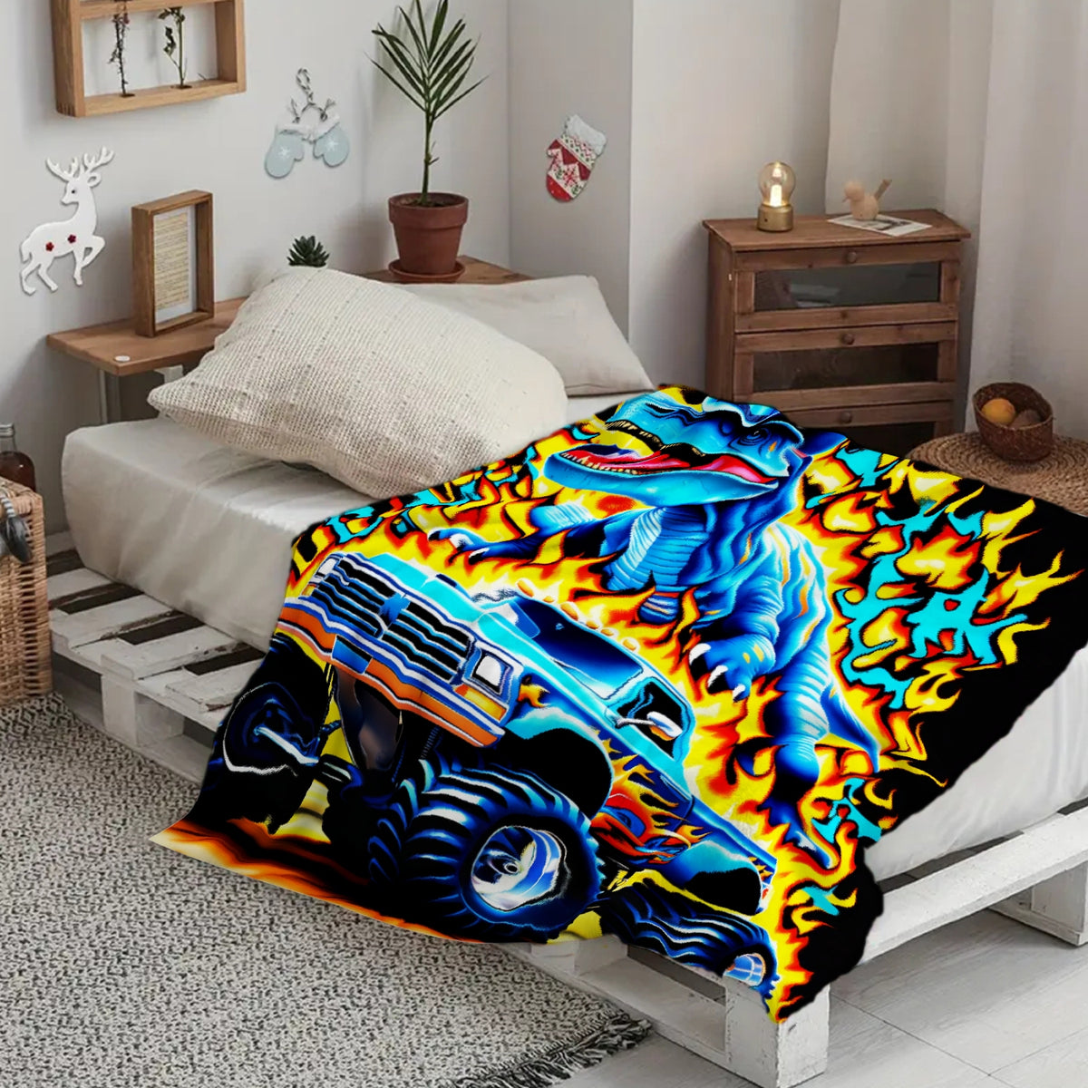 Aonana Blue Dinosaur Monster Truck Flannel Throw Blanket
