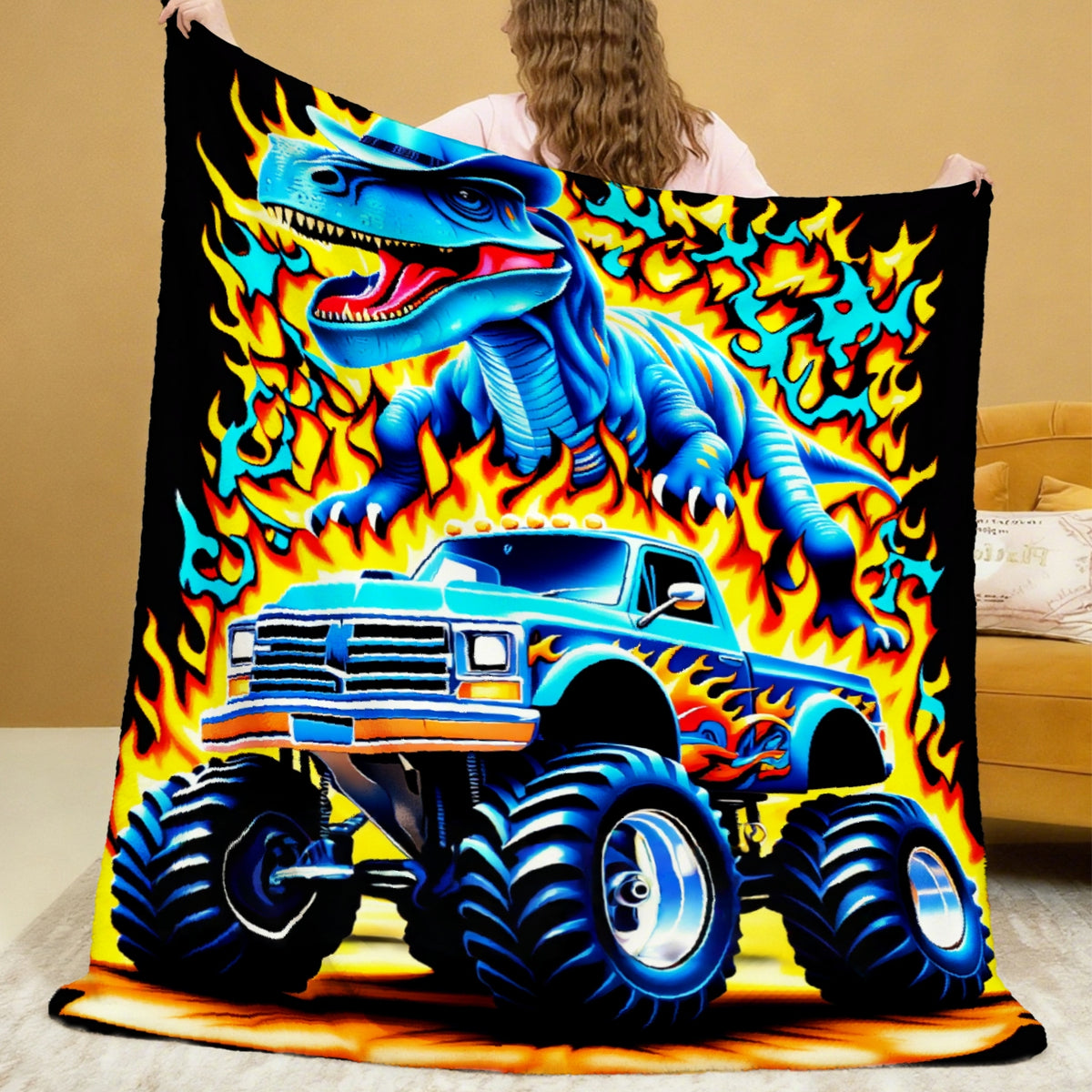 Aonana Blue Dinosaur Monster Truck Flannel Throw Blanket