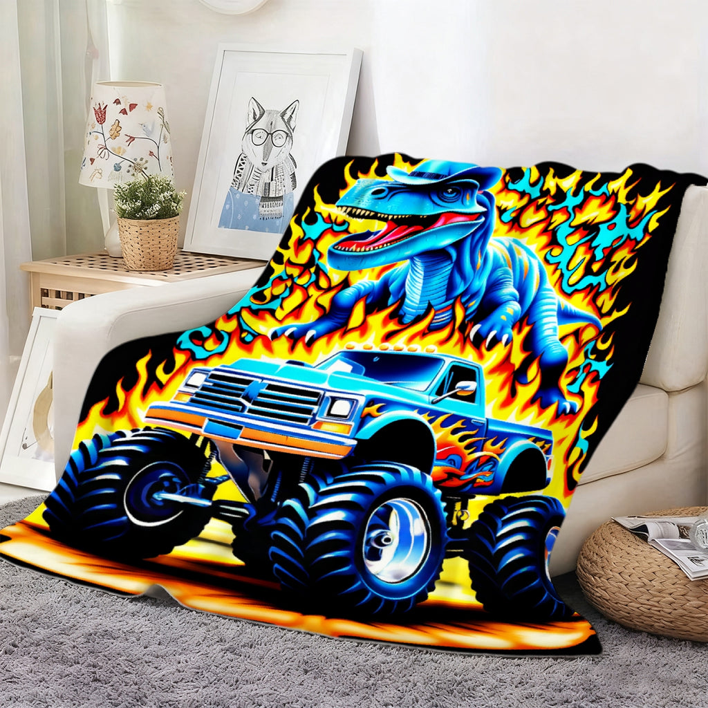 Aonana Blue Dinosaur Monster Truck Flannel Throw Blanket