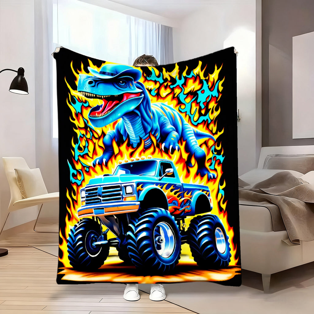 Aonana Blue Dinosaur Monster Truck Flannel Throw Blanket