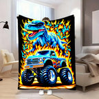 Aonana Blue Dinosaur Monster Truck Flannel Throw Blanket