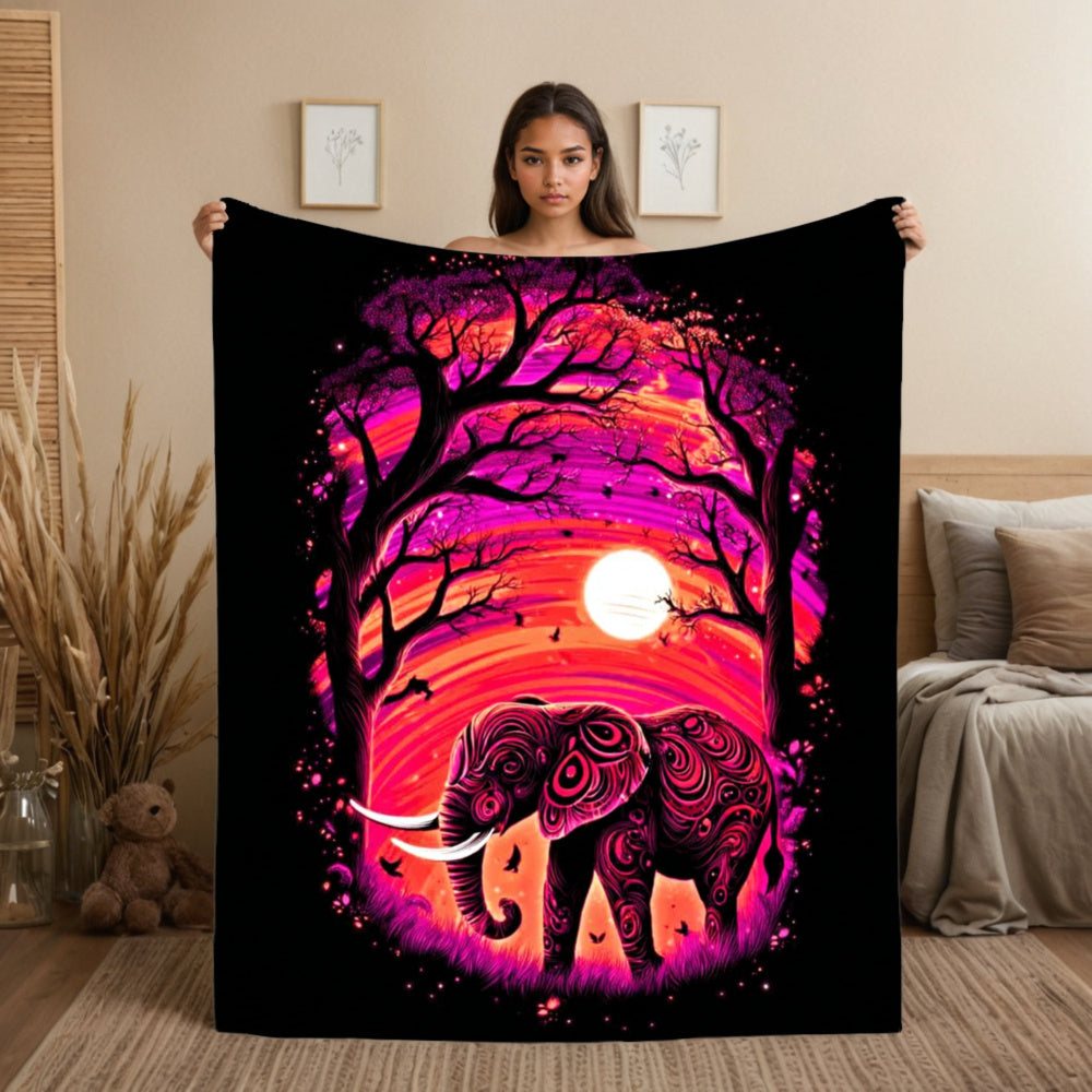 Aonana Elephant Sunset Trees Flannel Throw Blanket