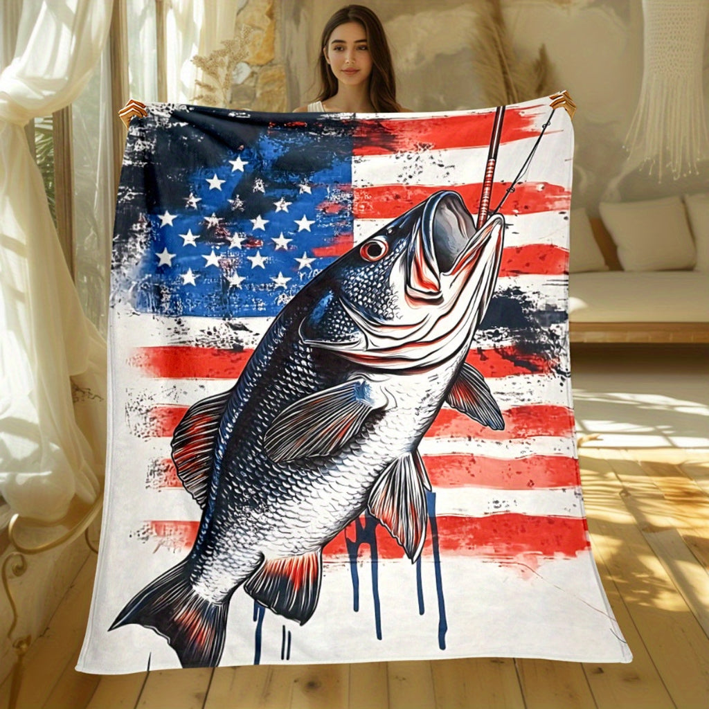 Aonana American Flag Bass Fishing Flannel Throw Blanket