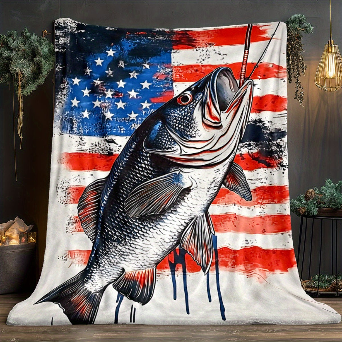 Aonana American Flag Bass Fishing Flannel Throw Blanket
