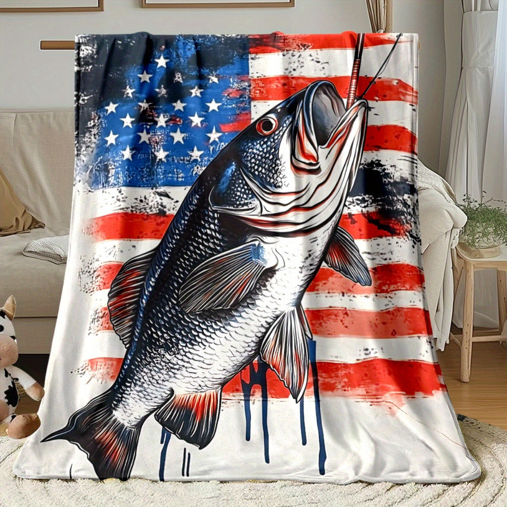 Aonana American Flag Bass Fishing Flannel Throw Blanket