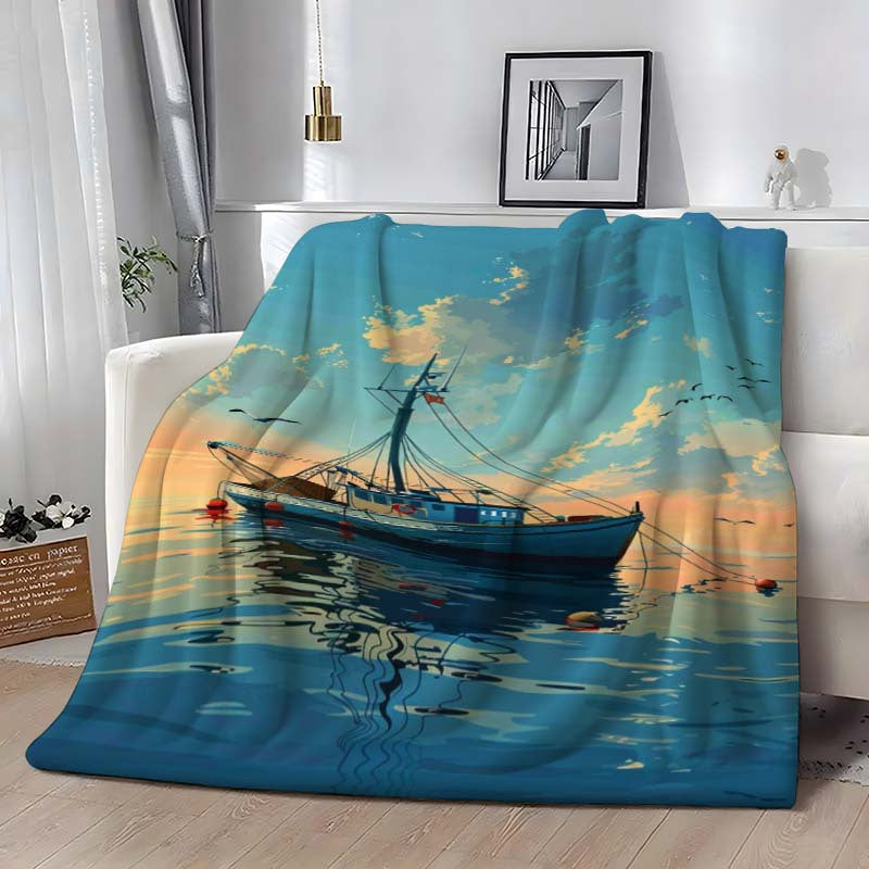 Aonana Fishing Boat Flannel Blanket