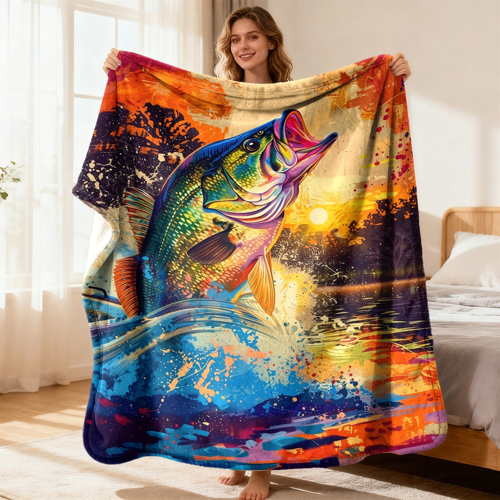 Aonana Go Fishing Big Bass Flannel Throw Blanket