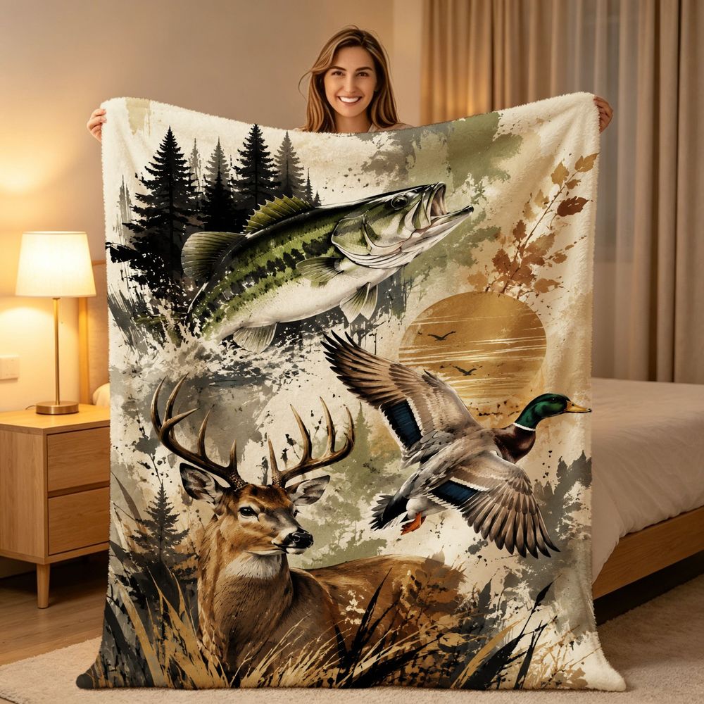 Aonana Go Fishing Bass Deer Flannel Throw Blanket
