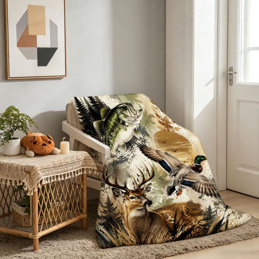 Aonana Go Fishing Bass Deer Flannel Throw Blanket