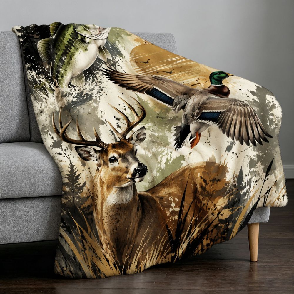 Aonana Go Fishing Bass Deer Flannel Throw Blanket