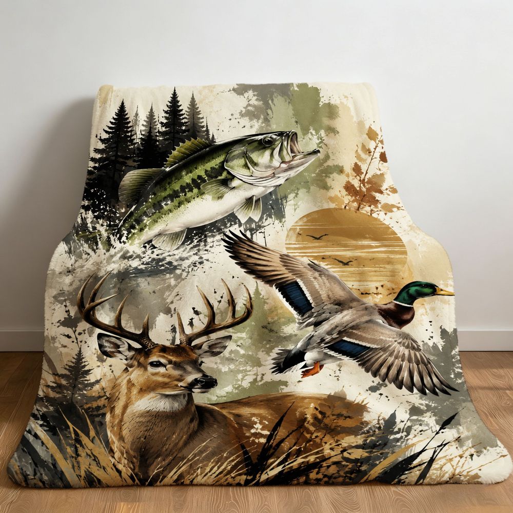 Aonana Go Fishing Bass Deer Flannel Throw Blanket