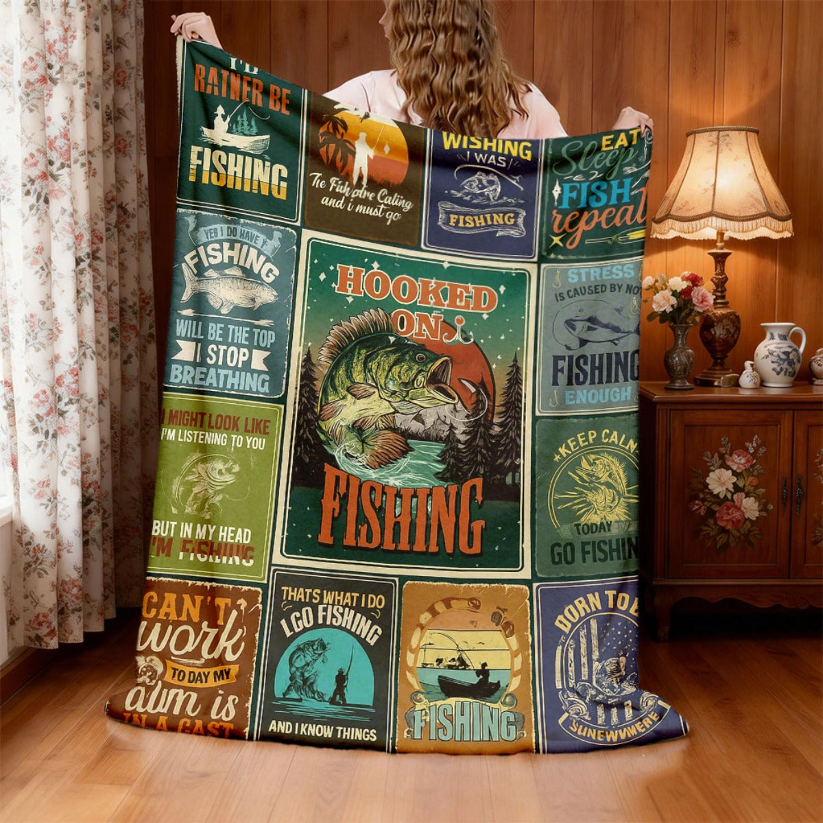 Aonana Go Fishing Bass Illustrations Flannel Throw Blanket