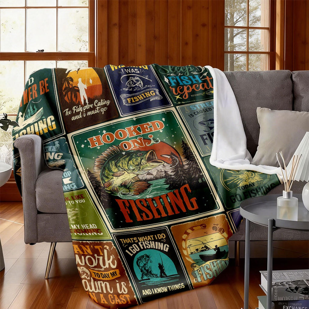 Aonana Go Fishing Bass Illustrations Flannel Throw Blanket