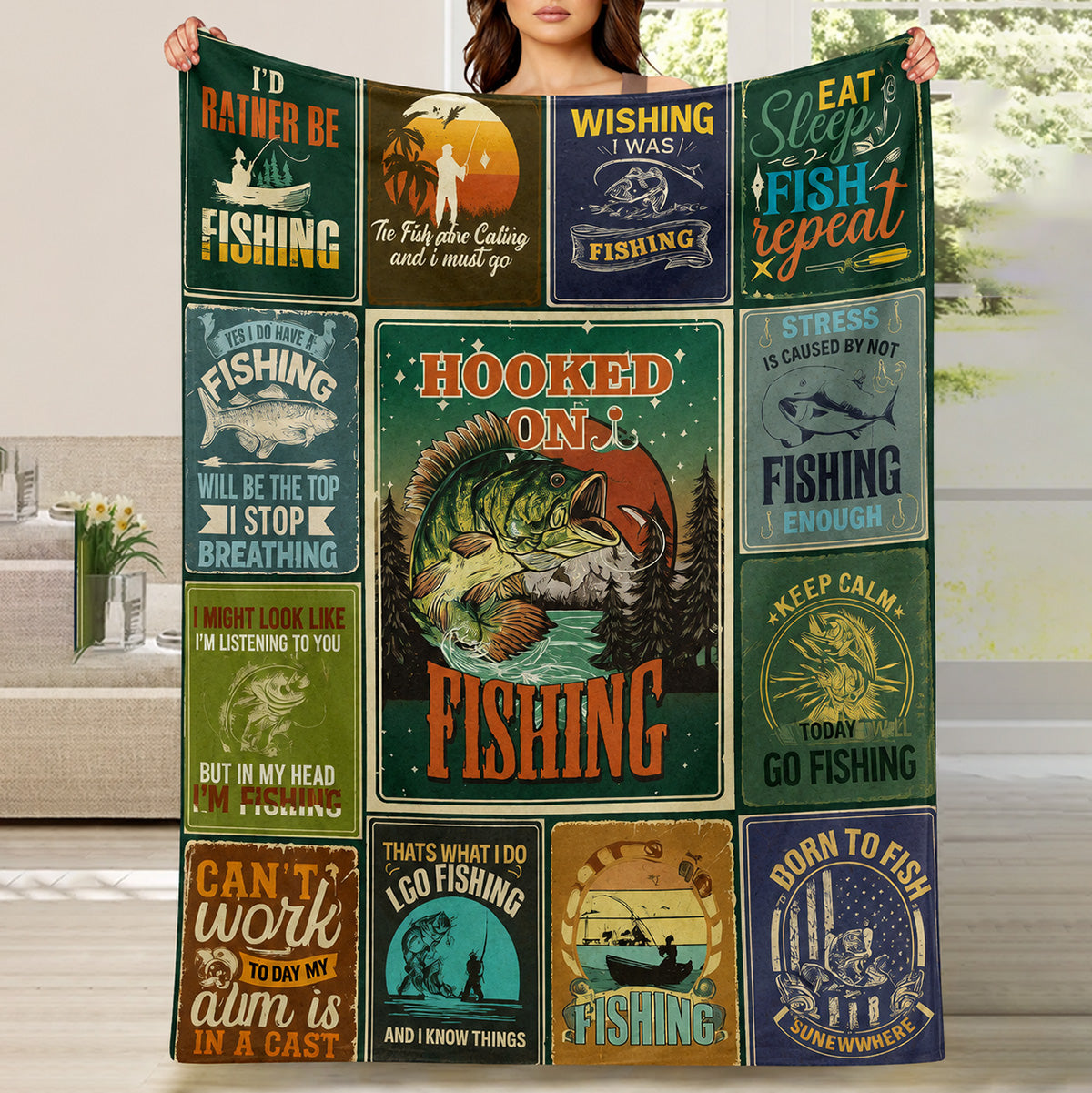 Aonana Go Fishing Bass Illustrations Flannel Throw Blanket