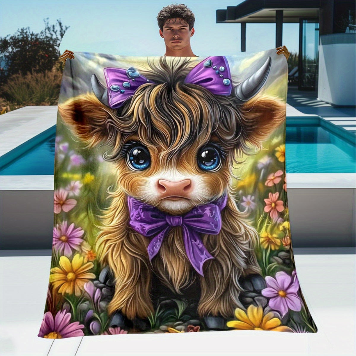 Aonana Cute Highland Cow with Purple Bow Flannel Blanket