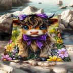 Aonana Cute Highland Cow with Purple Bow Flannel Blanket